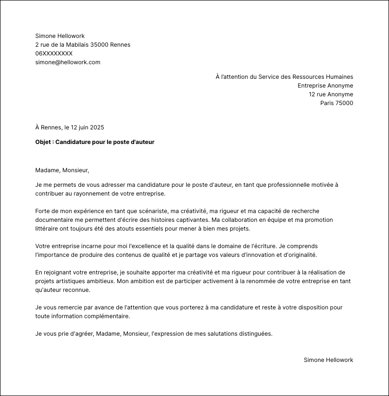 Modèle lettre de motivation Auteur Exemple lettre de motivation Auteur
