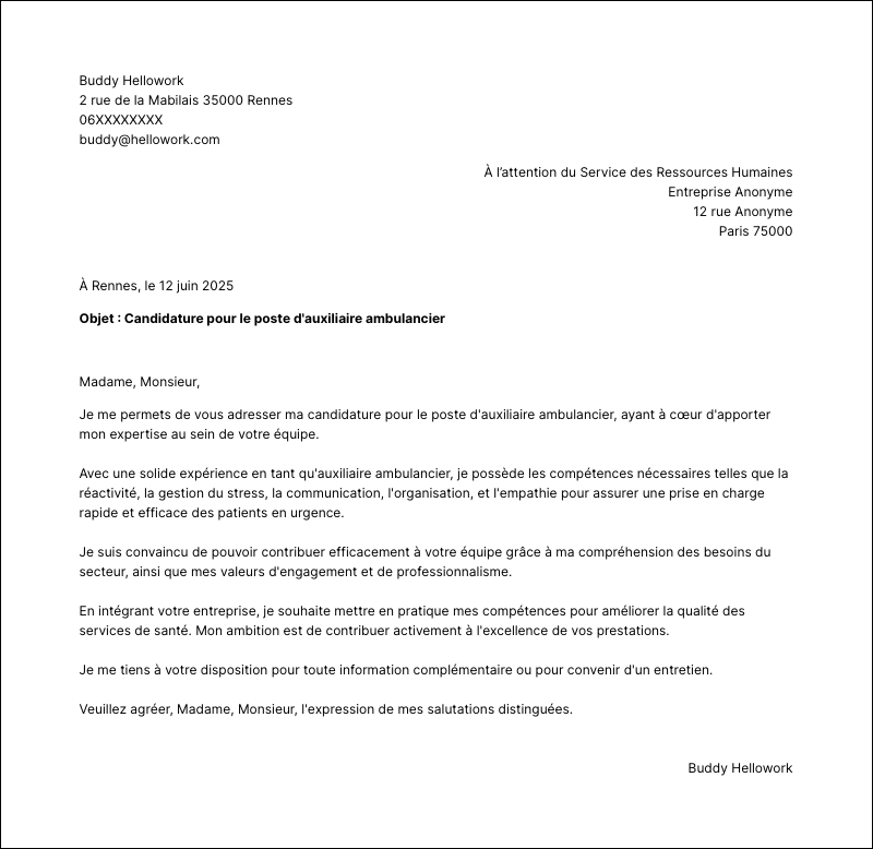 Modèle lettre de motivation Auxiliaire ambulancier Exemple lettre de motivation Auxiliaire ambulancier