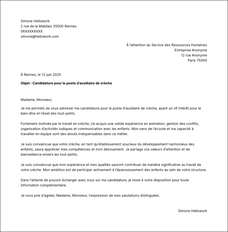 Modèle lettre de motivation Auxiliaire de crèche Exemple lettre de motivation Auxiliaire de crèche