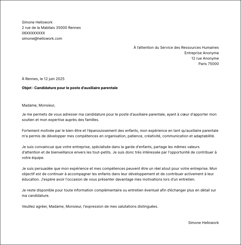 Exemple lettre de motivation Auxiliaire parentale