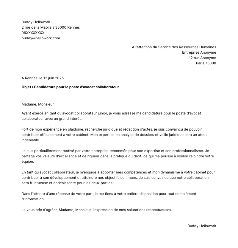 Modèle lettre de motivation Avocat collaborateur Exemple lettre de motivation Avocat collaborateur