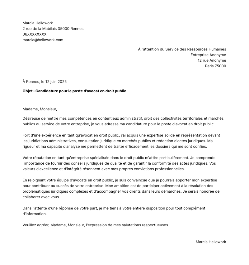 Exemple lettre de motivation Avocat droit public