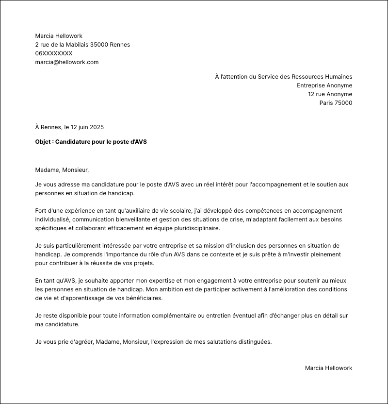 Modèle lettre de motivation AVS Exemple lettre de motivation AVS