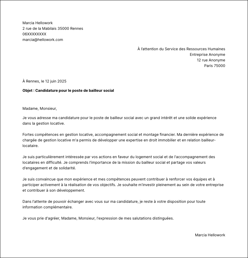 Modèle lettre de motivation Bailleur social Exemple lettre de motivation Bailleur social