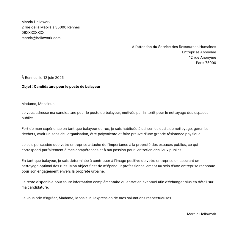 Modèle lettre de motivation Balayeur Exemple lettre de motivation Balayeur