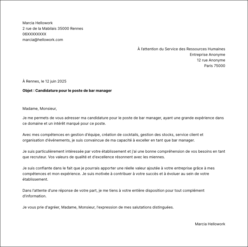 Modèle lettre de motivation Bar manager Exemple lettre de motivation Bar manager