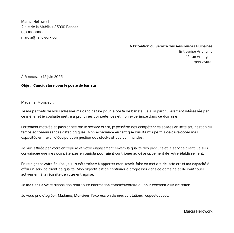 Modèle lettre de motivation Barista Exemple lettre de motivation Barista