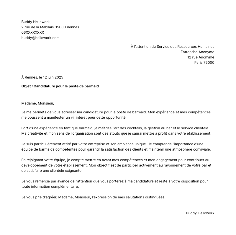 Modèle lettre de motivation Barmaid Exemple lettre de motivation Barmaid