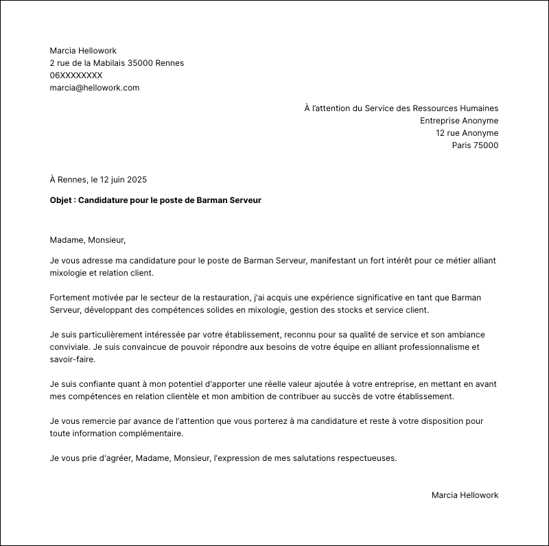 Modèle lettre de motivation Barman serveur Exemple lettre de motivation Barman serveur