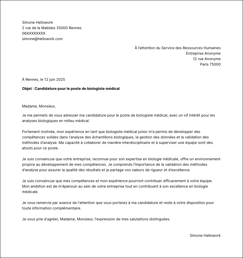 Exemple lettre de motivation Biologiste médical