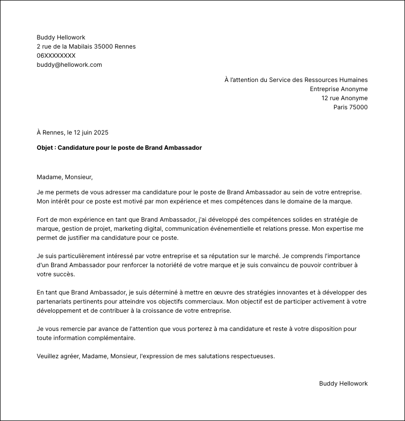 Modèle lettre de motivation Brand ambassador Exemple lettre de motivation Brand ambassador