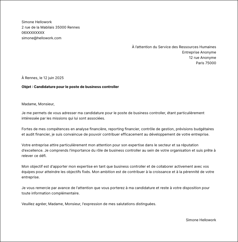 Modèle lettre de motivation Business controller Exemple lettre de motivation Business controller