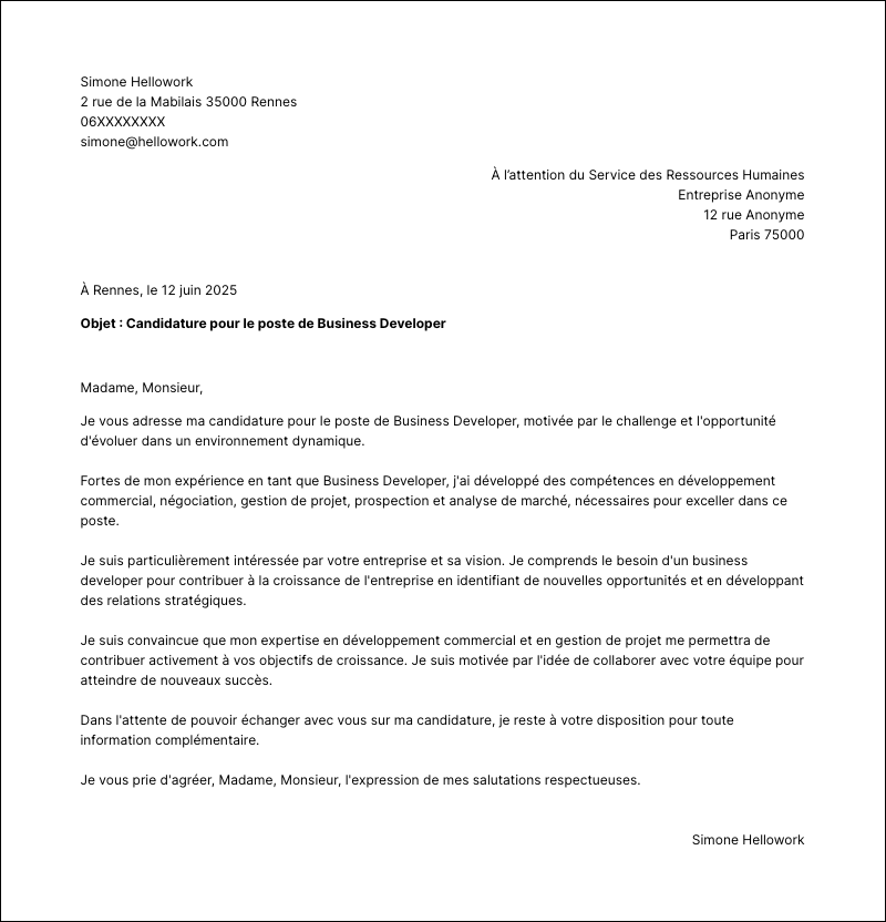 Modèle lettre de motivation Business developer Exemple lettre de motivation Business developer