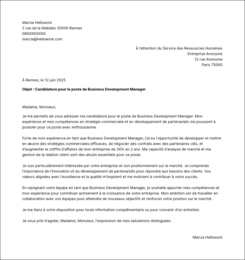 Modèle lettre de motivation Business development manager Exemple lettre de motivation Business development manager