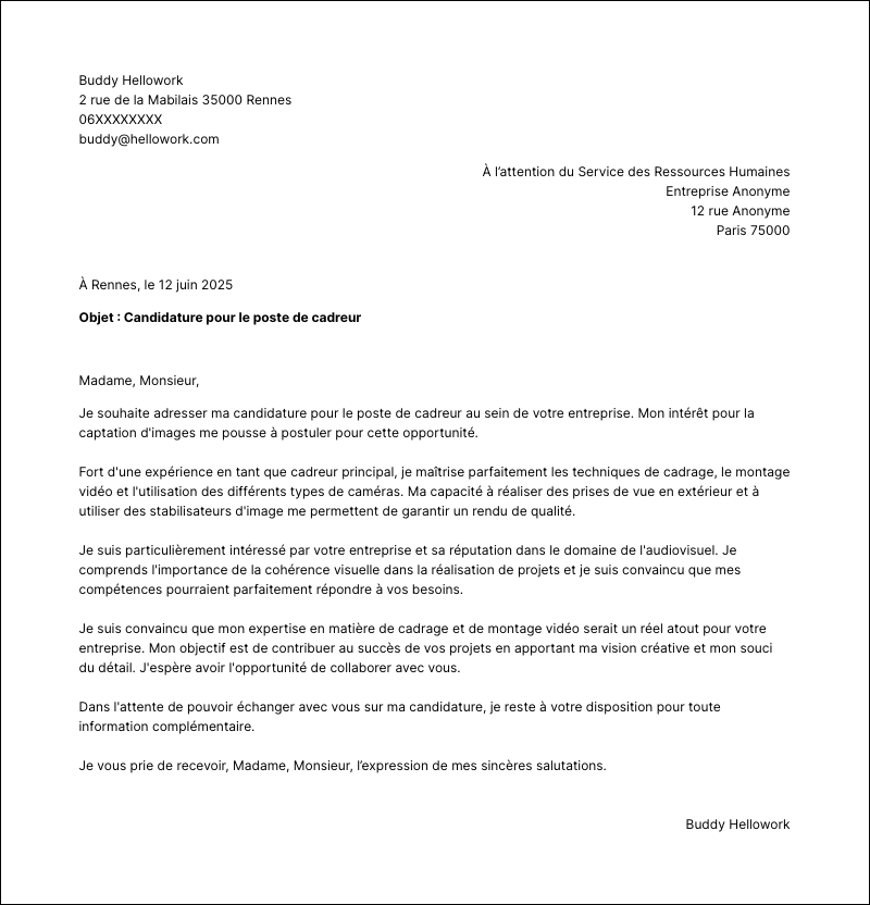 Modèle lettre de motivation Cadreur Exemple lettre de motivation Cadreur