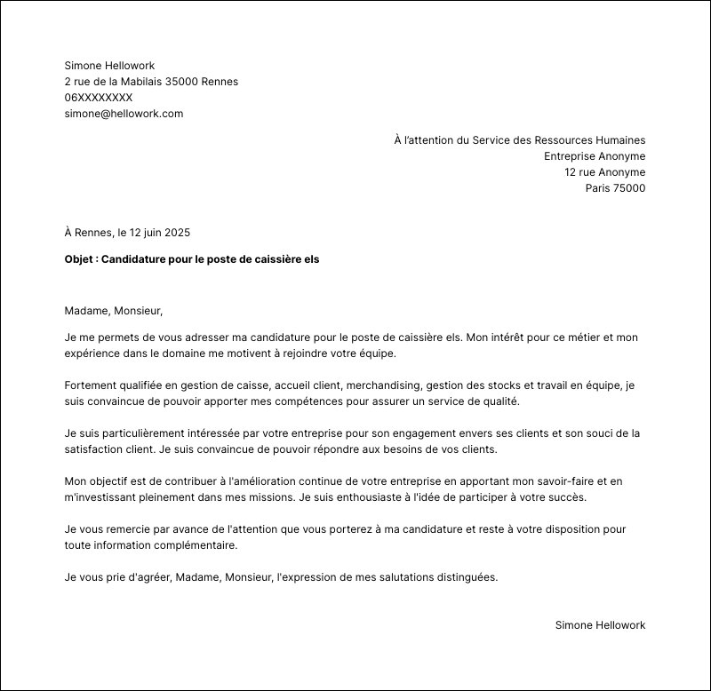 Modèle lettre de motivation Caissier ELS Exemple lettre de motivation Caissier ELS