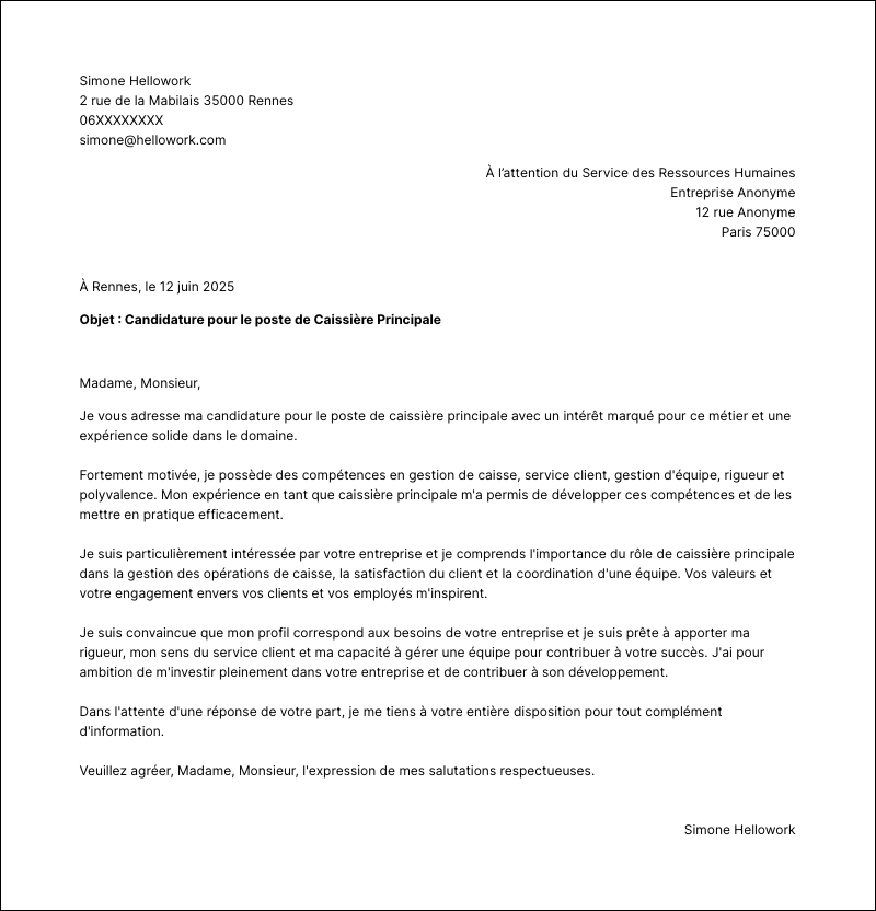 Exemple lettre de motivation Caissier principal