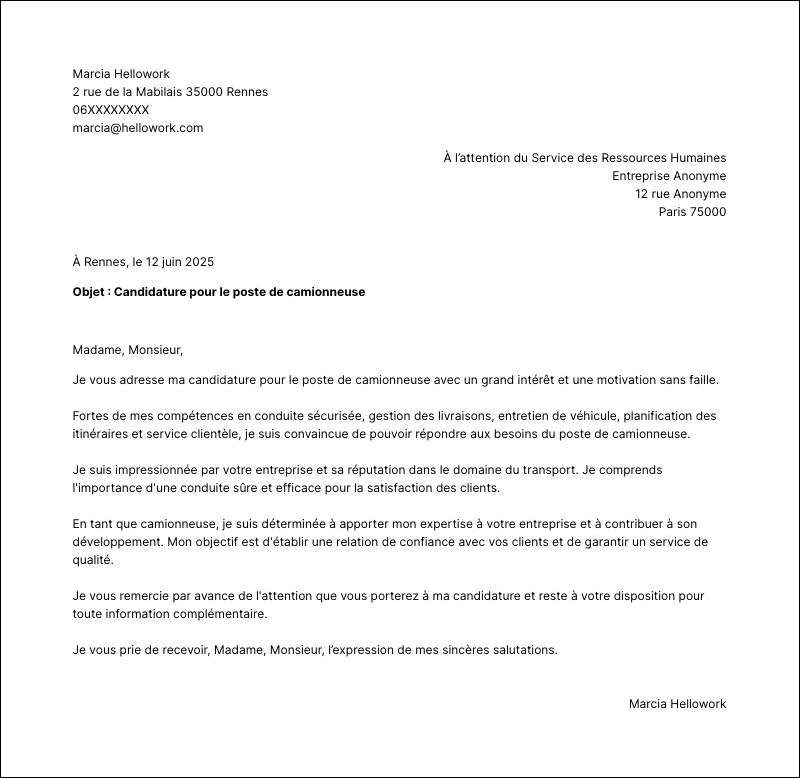 Modèle lettre de motivation Camionneur Exemple lettre de motivation Camionneur