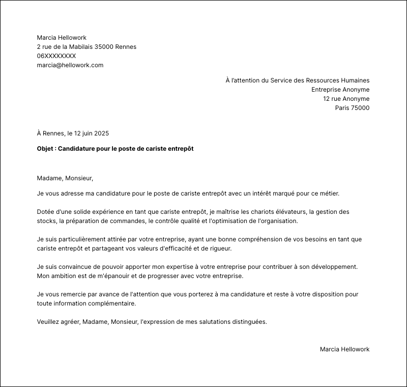 Modèle lettre de motivation Cariste entrepot Exemple lettre de motivation Cariste entrepot