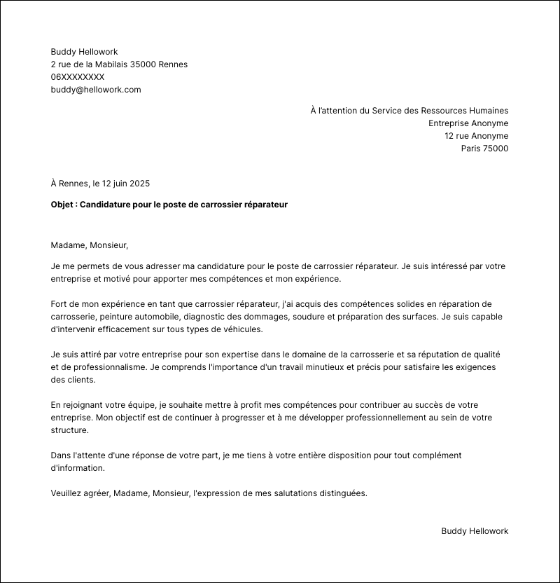 Modèle lettre de motivation Carrossier réparateur Exemple lettre de motivation Carrossier réparateur