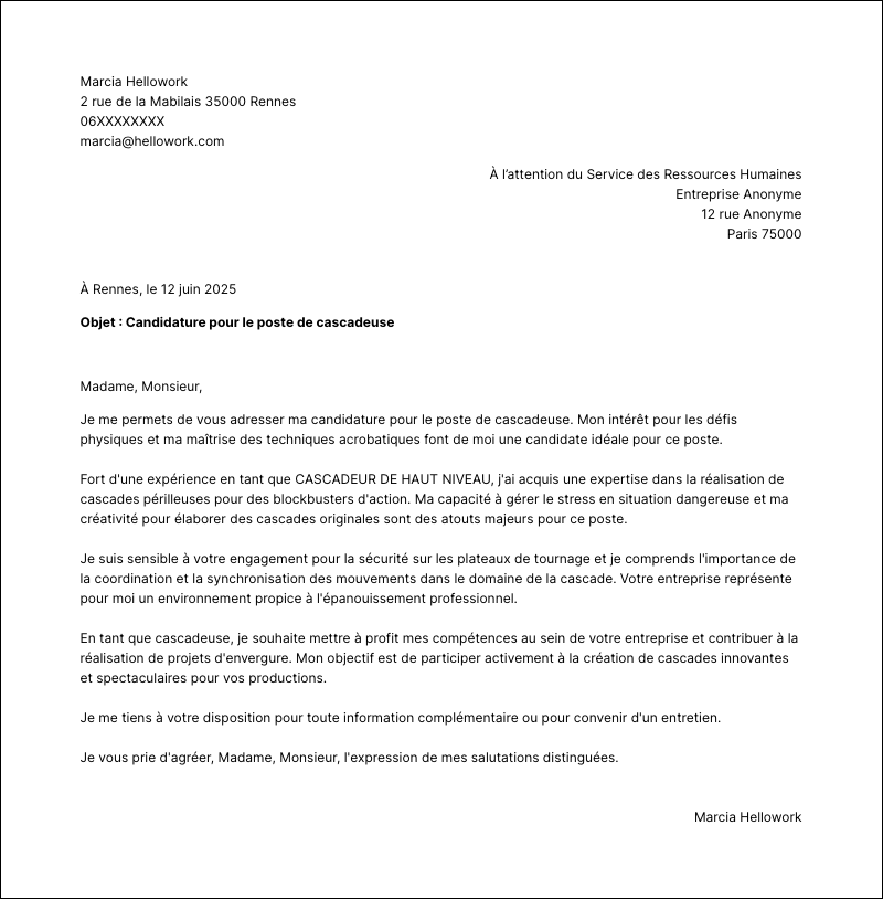 Modèle lettre de motivation Cascadeur Exemple lettre de motivation Cascadeur