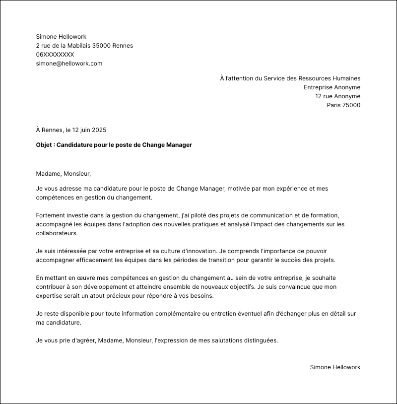 Modèle lettre de motivation Change manager Exemple lettre de motivation Change manager