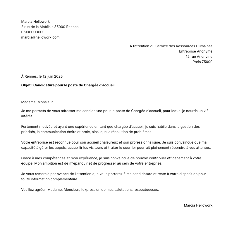 Modèle lettre de motivation Chargé d'accueil Exemple lettre de motivation Chargé d'accueil