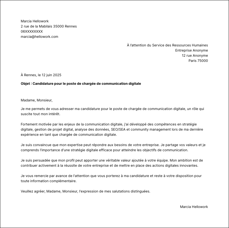 Modèle lettre de motivation Chargé de communication digitale Exemple lettre de motivation Chargé de communication digitale