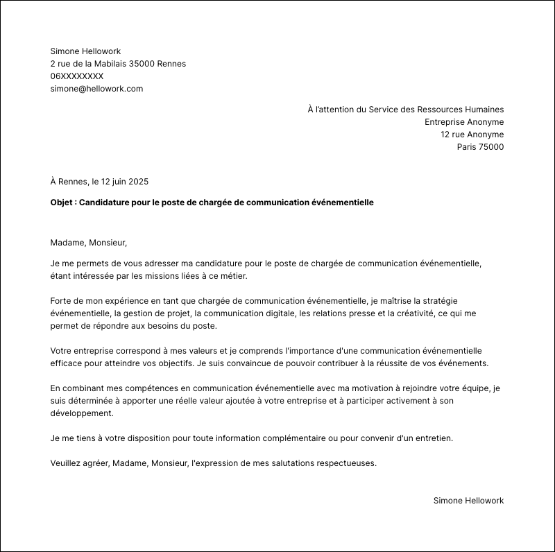 Modèle lettre de motivation Chargé de communication événementielle Exemple lettre de motivation Chargé de communication événementielle