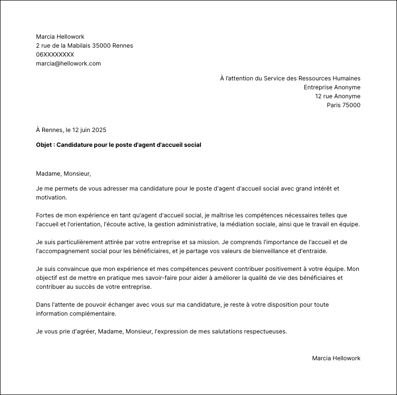 Modèle lettre de motivation Agent d'accueil social Exemple lettre de motivation Agent d'accueil social