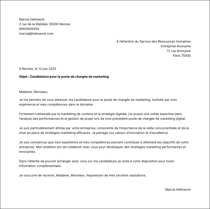 Modèle lettre de motivation Chargé de marketing Exemple lettre de motivation Chargé de marketing