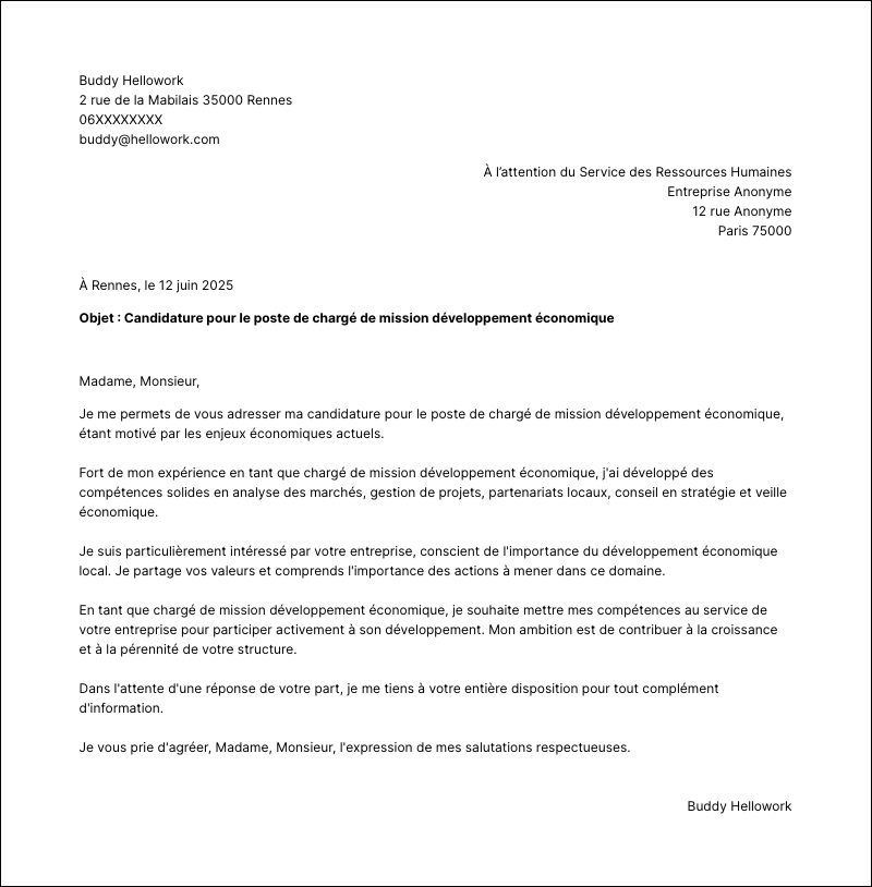Modèle lettre de motivation Chargé de mission développement économique Exemple lettre de motivation Chargé de mission développement économique