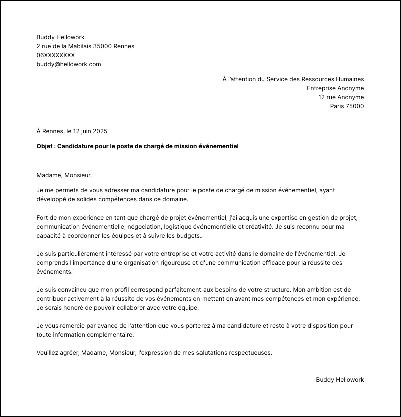 Modèle lettre de motivation Chargé de mission événementiel Exemple lettre de motivation Chargé de mission événementiel