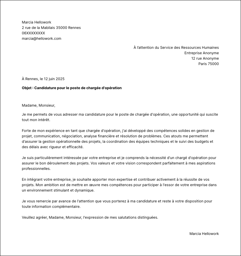 Modèle lettre de motivation Chargé d'opération Exemple lettre de motivation Chargé d'opération