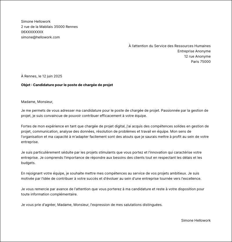 Exemple lettre de motivation Chargé de projet