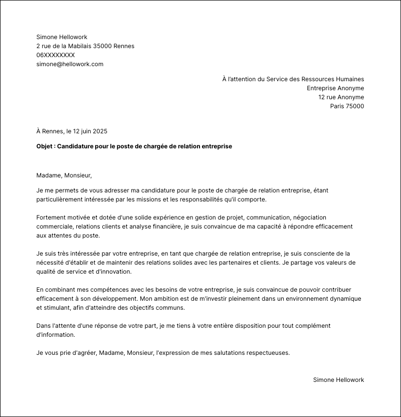 Exemple lettre de motivation Chargé de relation entreprise