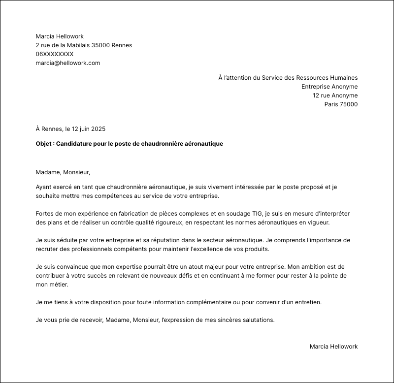 Modèle lettre de motivation Chaudronnier aéronautique Exemple lettre de motivation Chaudronnier aéronautique