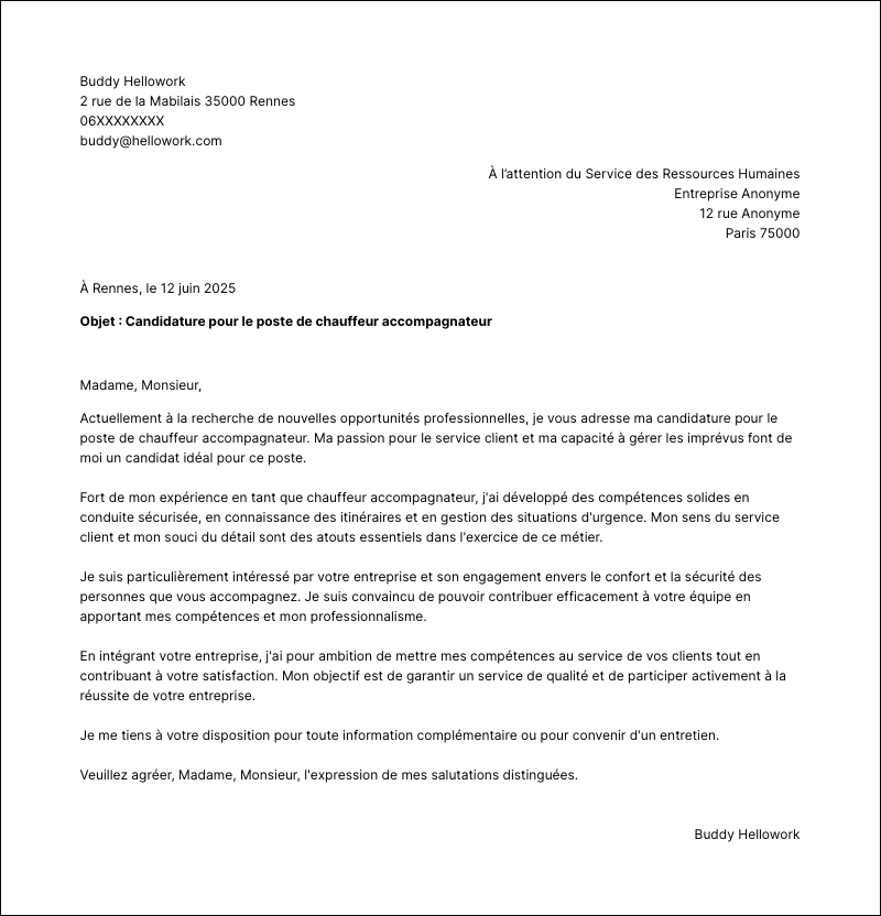 Modèle lettre de motivation Chauffeur accompagnateur Exemple lettre de motivation Chauffeur accompagnateur
