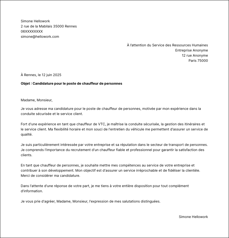 Modèle lettre de motivation Chauffeur de personnes Exemple lettre de motivation Chauffeur de personnes