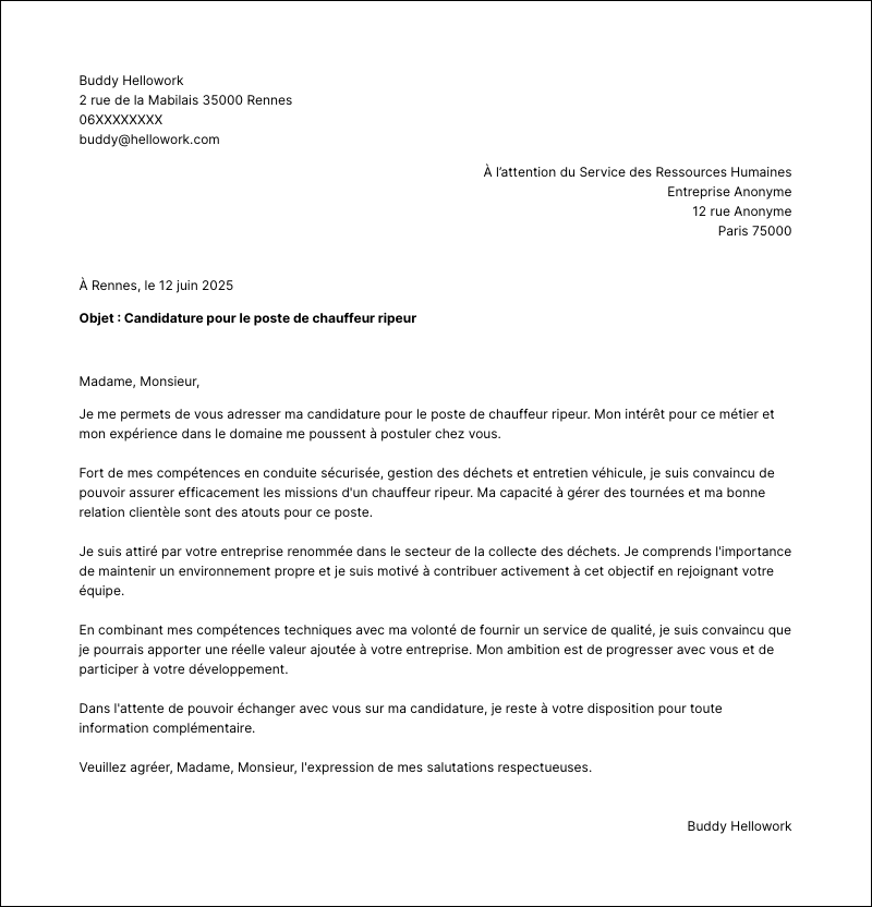 Modèle lettre de motivation Chauffeur ripeur Exemple lettre de motivation Chauffeur ripeur