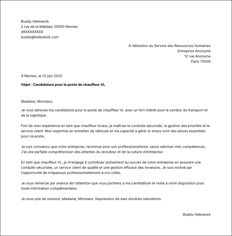 Modèle lettre de motivation Chauffeur VL Exemple lettre de motivation Chauffeur VL