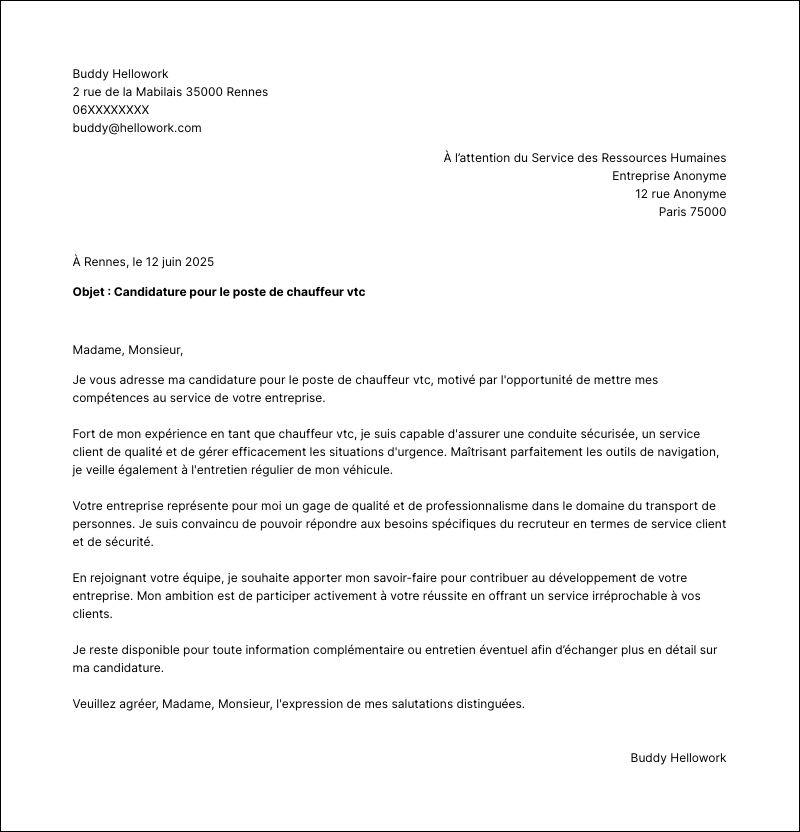 Modèle lettre de motivation Chauffeur VTC Exemple lettre de motivation Chauffeur VTC