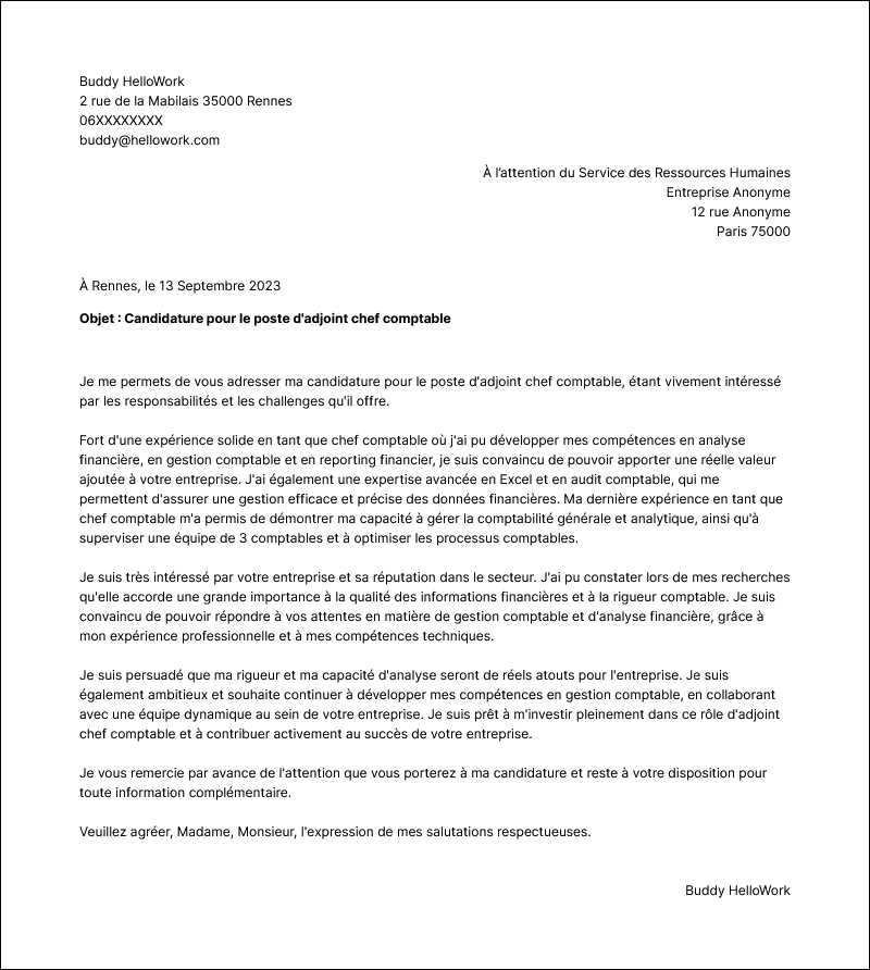 Modèle lettre de motivation Adjoint chef comptable Exemple lettre de motivation Adjoint chef comptable