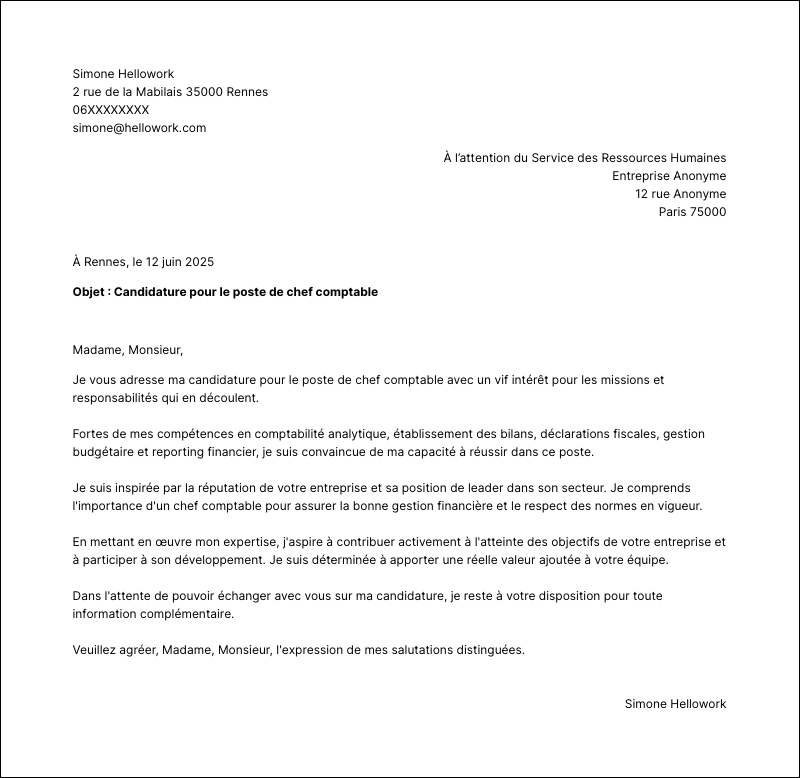 Modèle lettre de motivation Chef comptable Exemple lettre de motivation Chef comptable