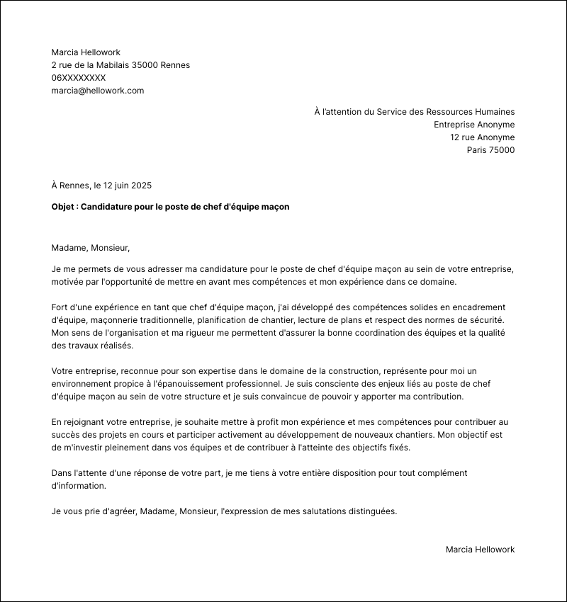 Exemple lettre de motivation Chef d'équipe maçon