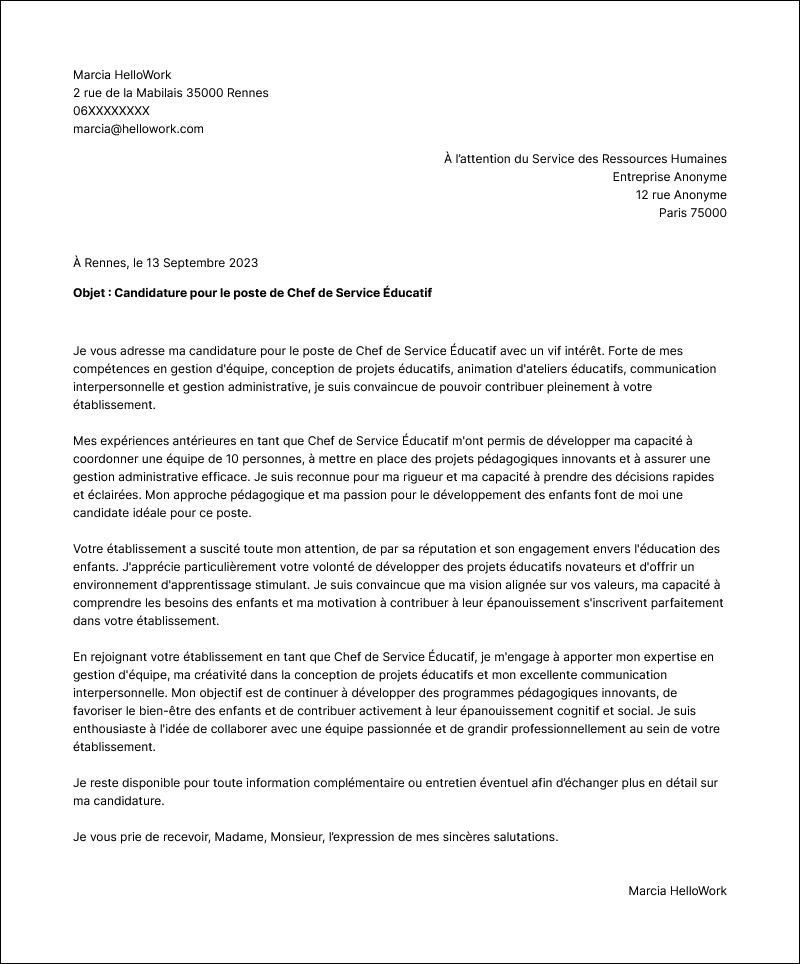 Exemple Lettre de Motivation Chef de service éducatif Hellowork — free download