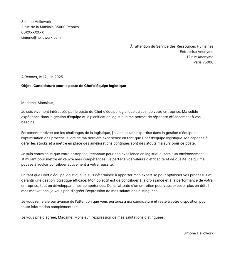 Modèle lettre de motivation Chef d'équipe logistique Exemple lettre de motivation Chef d'équipe logistique