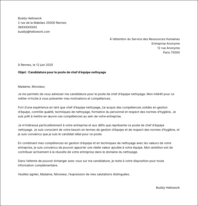 Modèle lettre de motivation Chef d'équipe nettoyage Exemple lettre de motivation Chef d'équipe nettoyage
