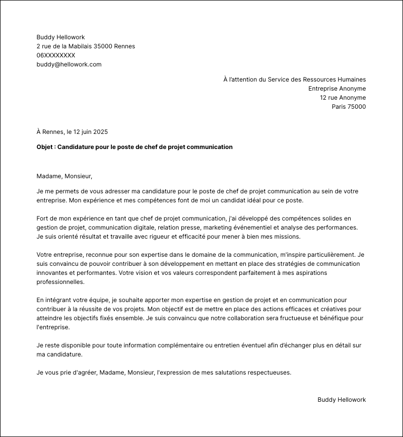 Exemple lettre de motivation Chef de projet communication
