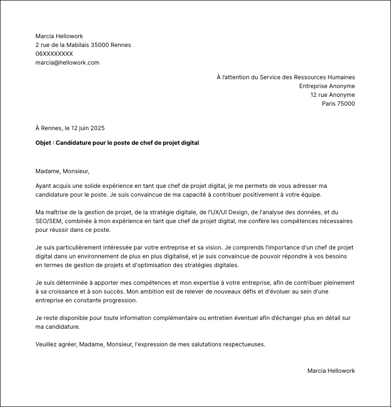 Modèle lettre de motivation Chef de projet digital Exemple lettre de motivation Chef de projet digital